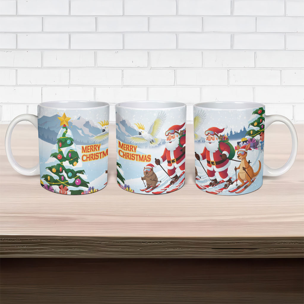 Merry Christmas Australia Ceramic Mug Funny Aussie Animals Santa Skiing