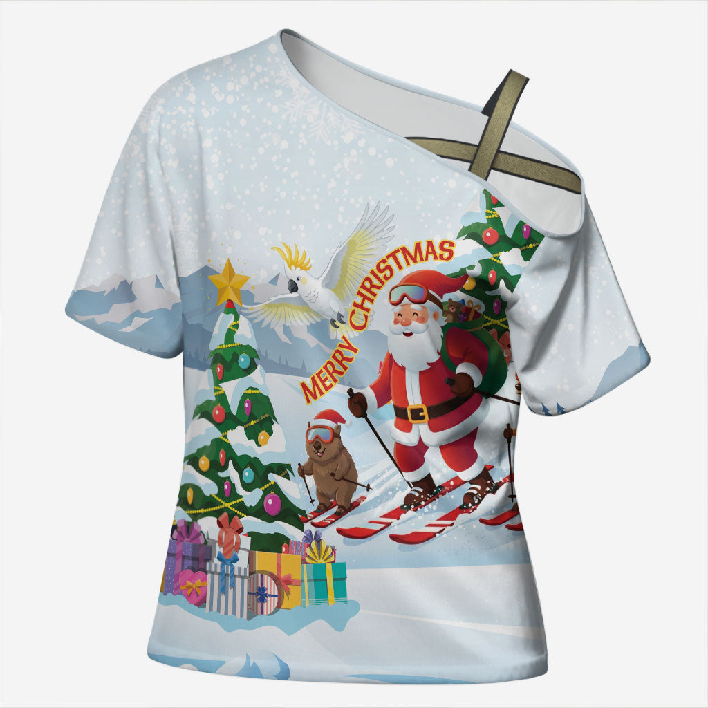 Merry Christmas Australia Cross Shoulder Shirt Funny Aussie Animals Santa Skiing