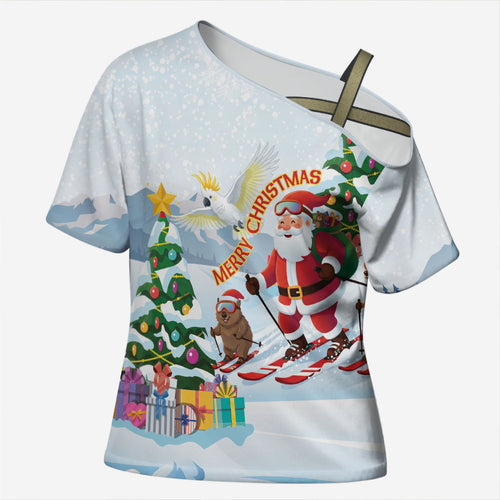 Merry Christmas Australia Cross Shoulder Shirt Funny Aussie Animals Santa Skiing