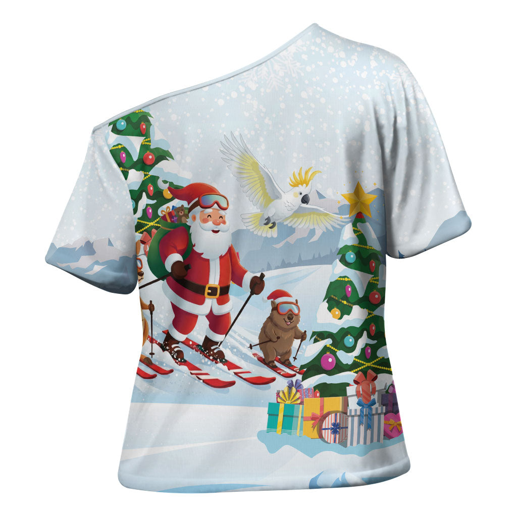 Merry Christmas Australia Cross Shoulder Shirt Funny Aussie Animals Santa Skiing