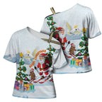 Merry Christmas Australia Cross Shoulder Shirt Funny Aussie Animals Santa Skiing