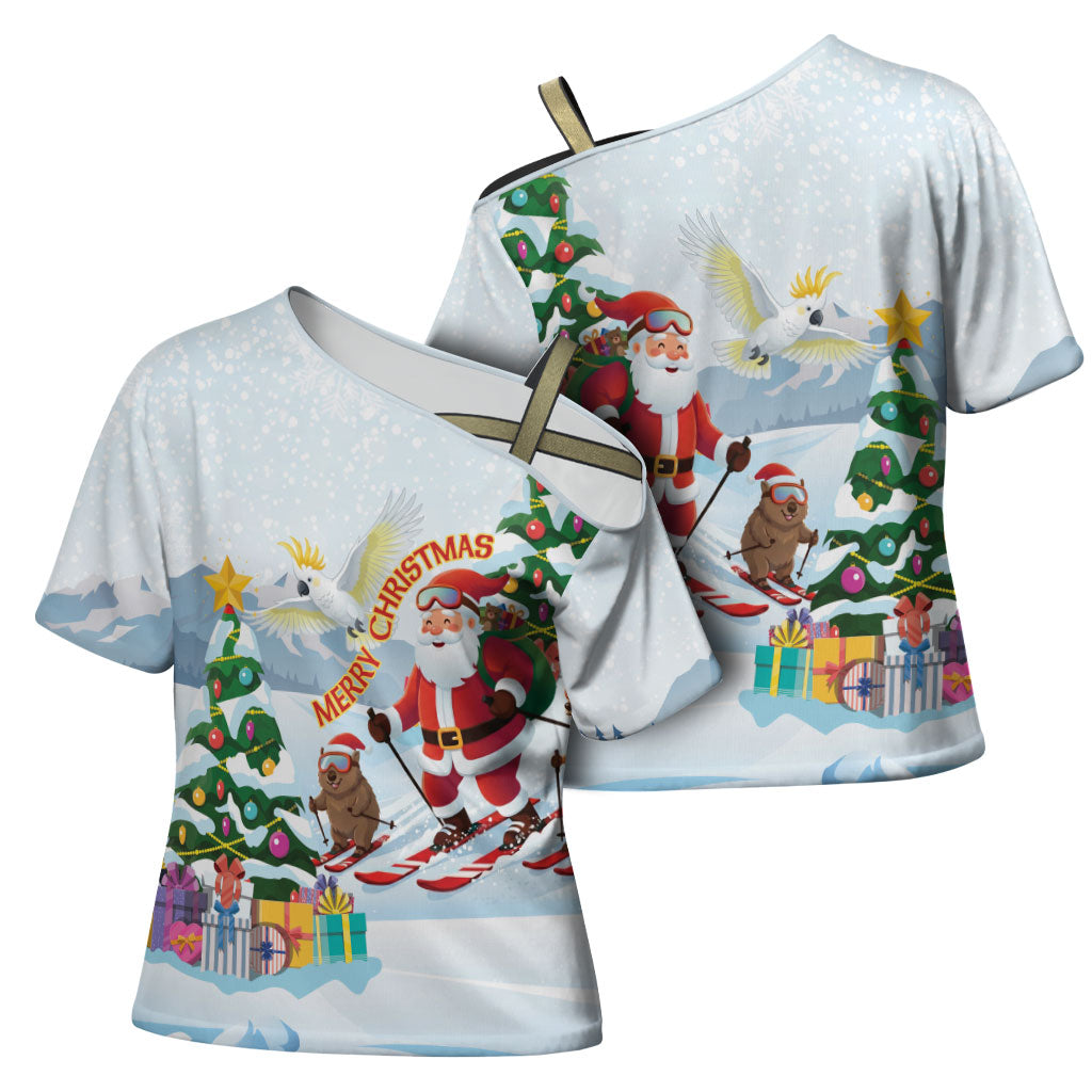 Merry Christmas Australia Cross Shoulder Shirt Funny Aussie Animals Santa Skiing