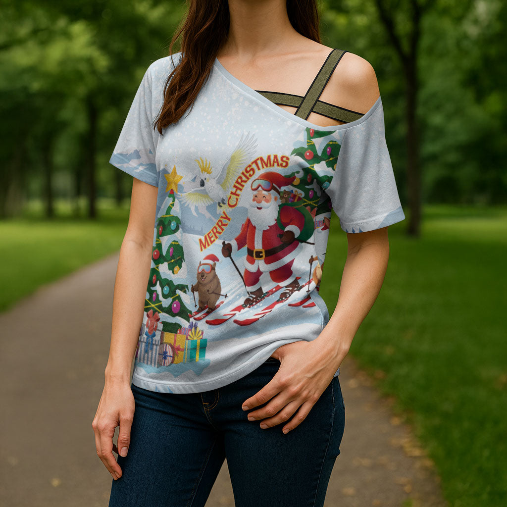Merry Christmas Australia Cross Shoulder Shirt Funny Aussie Animals Santa Skiing