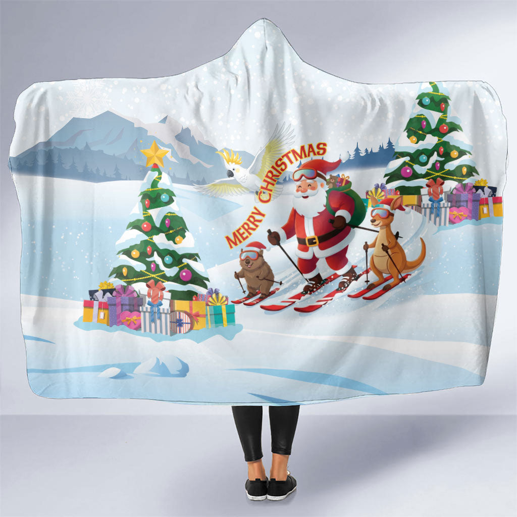 Merry Christmas Australia Hooded Blanket Funny Aussie Animals Santa Skiing
