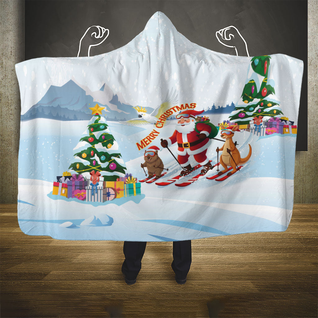Merry Christmas Australia Hooded Blanket Funny Aussie Animals Santa Skiing