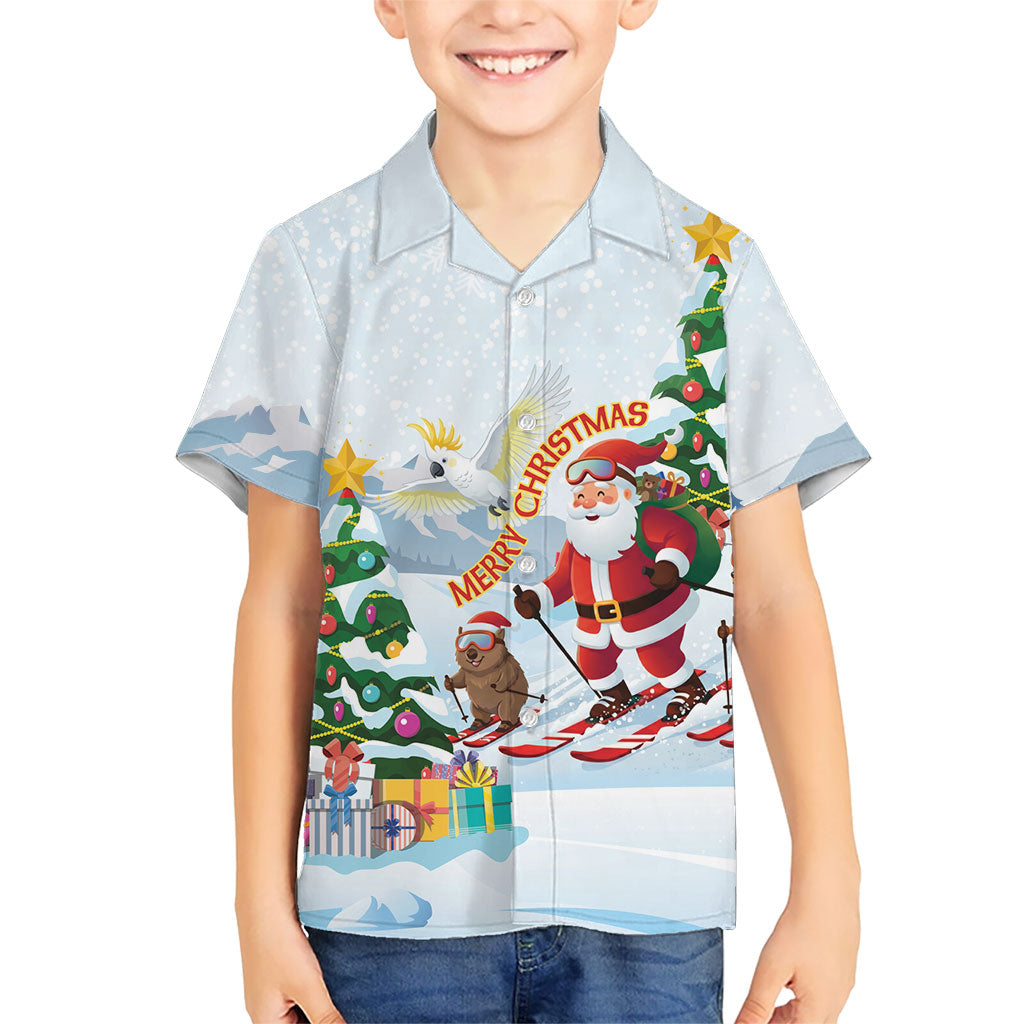 Merry Christmas Australia Kid Hawaiian Shirt Funny Aussie Animals Santa Skiing