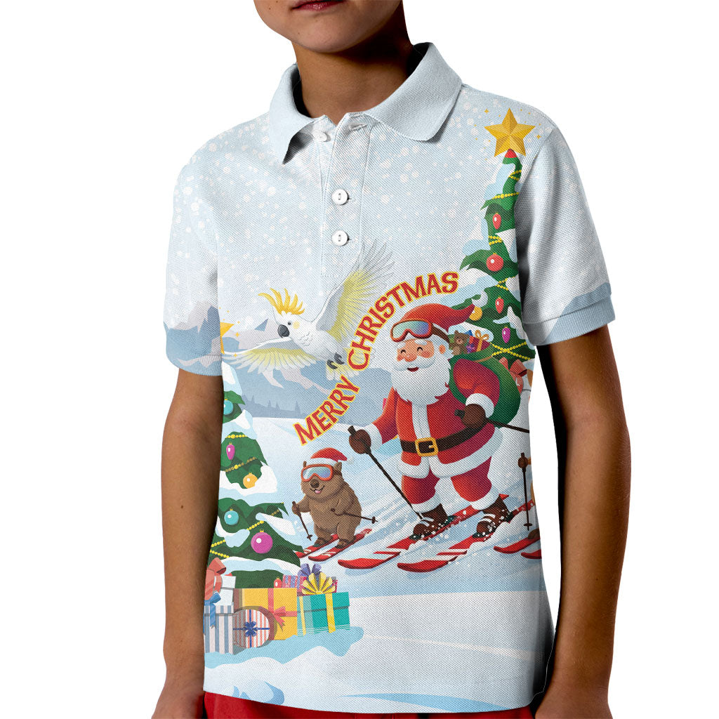 Merry Christmas Australia Kid Polo Shirt Funny Aussie Animals Santa Skiing