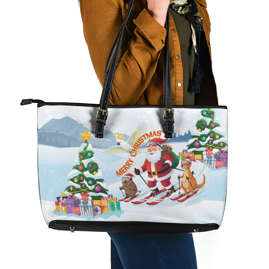 Merry Christmas Australia Leather Tote Bag Funny Aussie Animals Santa Skiing