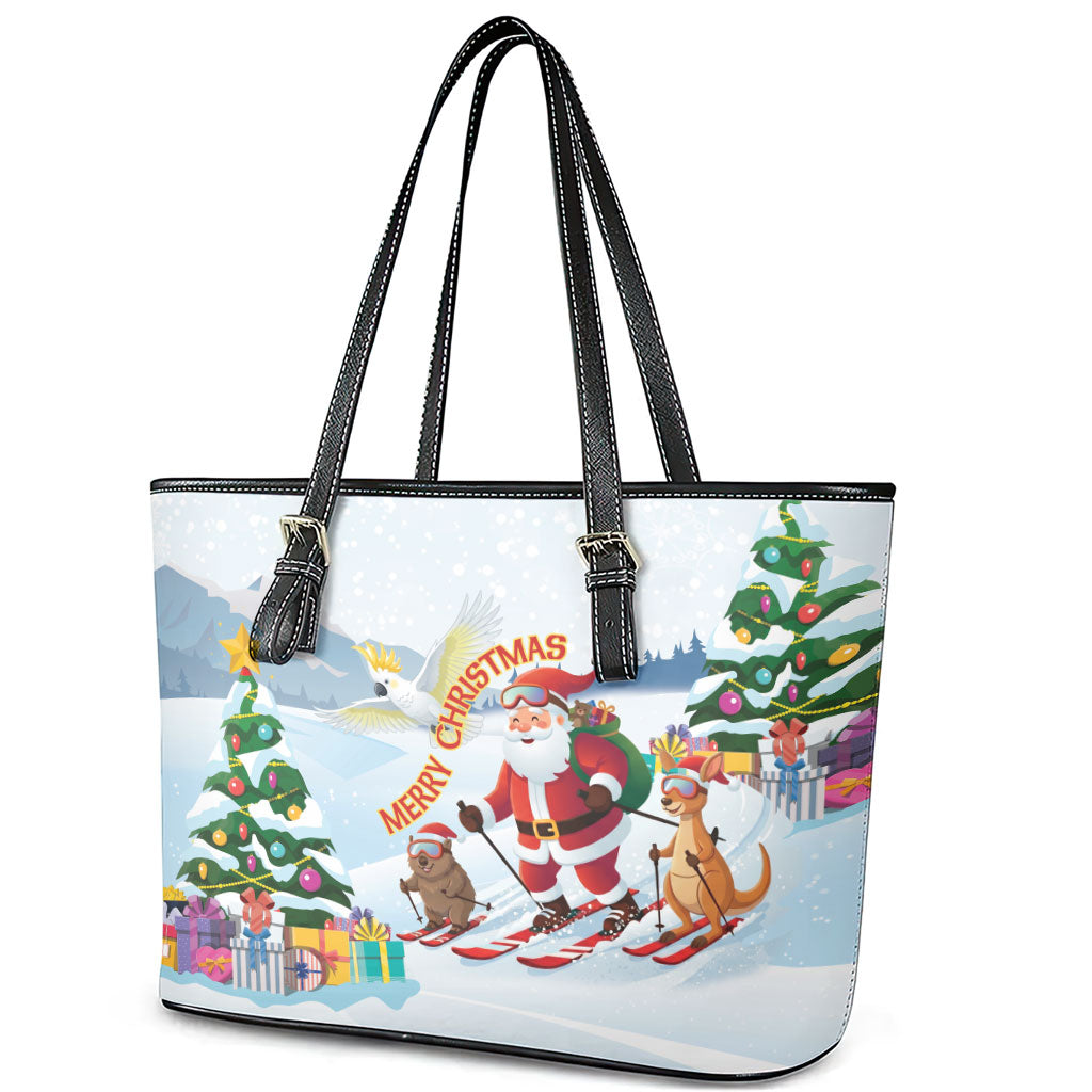 Merry Christmas Australia Leather Tote Bag Funny Aussie Animals Santa Skiing