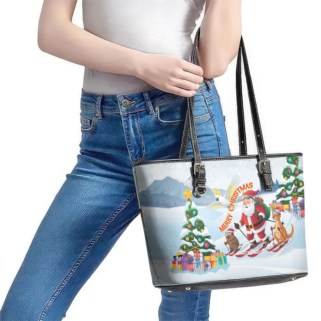 Merry Christmas Australia Leather Tote Bag Funny Aussie Animals Santa Skiing
