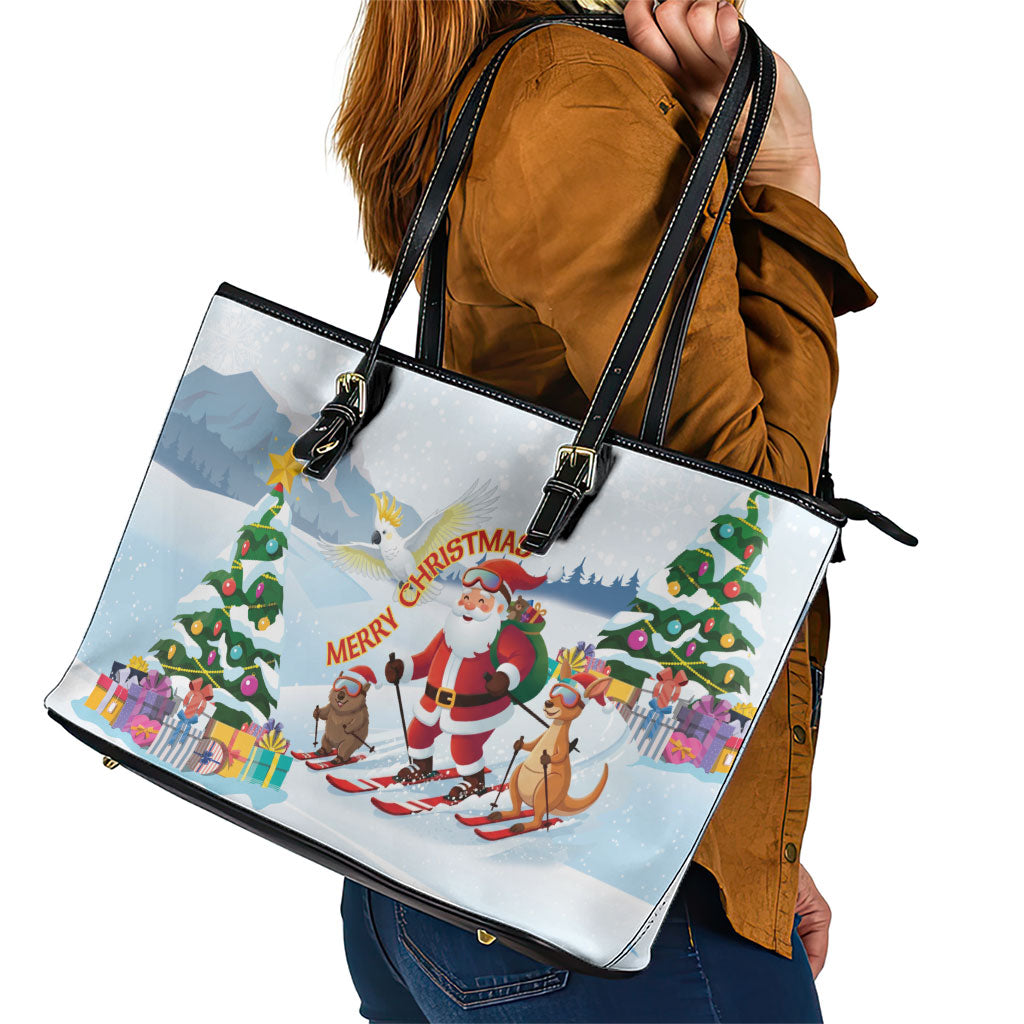 Merry Christmas Australia Leather Tote Bag Funny Aussie Animals Santa Skiing