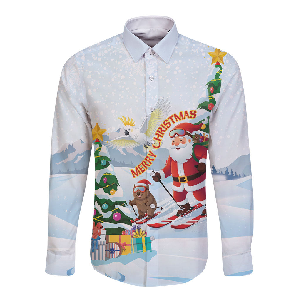 Merry Christmas Australia Long Sleeve Button Shirt Funny Aussie Animals Santa Skiing