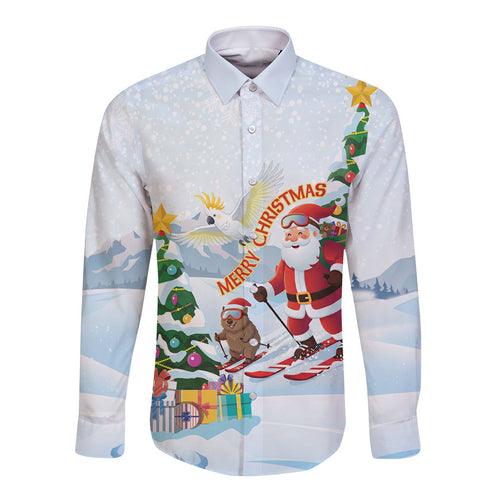 Merry Christmas Australia Long Sleeve Button Shirt Funny Aussie Animals Santa Skiing