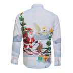 Merry Christmas Australia Long Sleeve Button Shirt Funny Aussie Animals Santa Skiing