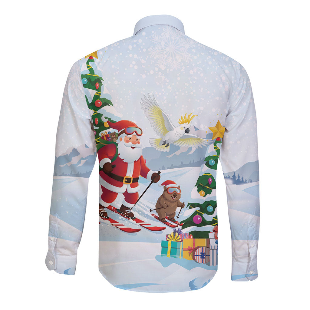 Merry Christmas Australia Long Sleeve Button Shirt Funny Aussie Animals Santa Skiing