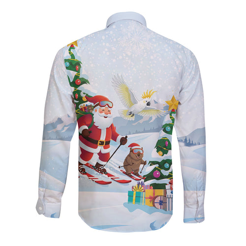 Merry Christmas Australia Long Sleeve Button Shirt Funny Aussie Animals Santa Skiing