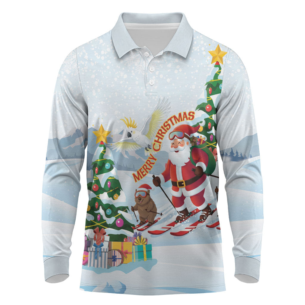 Merry Christmas Australia Long Sleeve Polo Shirt Funny Aussie Animals Santa Skiing