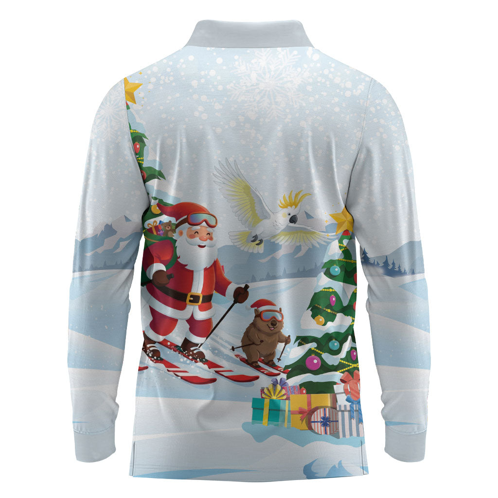 Merry Christmas Australia Long Sleeve Polo Shirt Funny Aussie Animals Santa Skiing