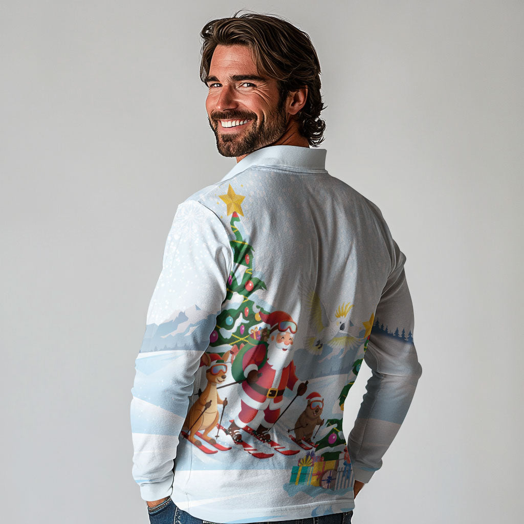 Merry Christmas Australia Long Sleeve Polo Shirt Funny Aussie Animals Santa Skiing