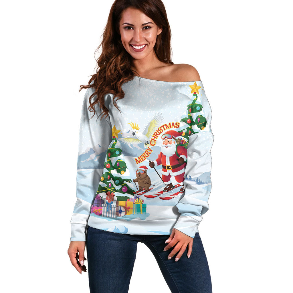 Merry Christmas Australia Off Shoulder Sweater Funny Aussie Animals Santa Skiing