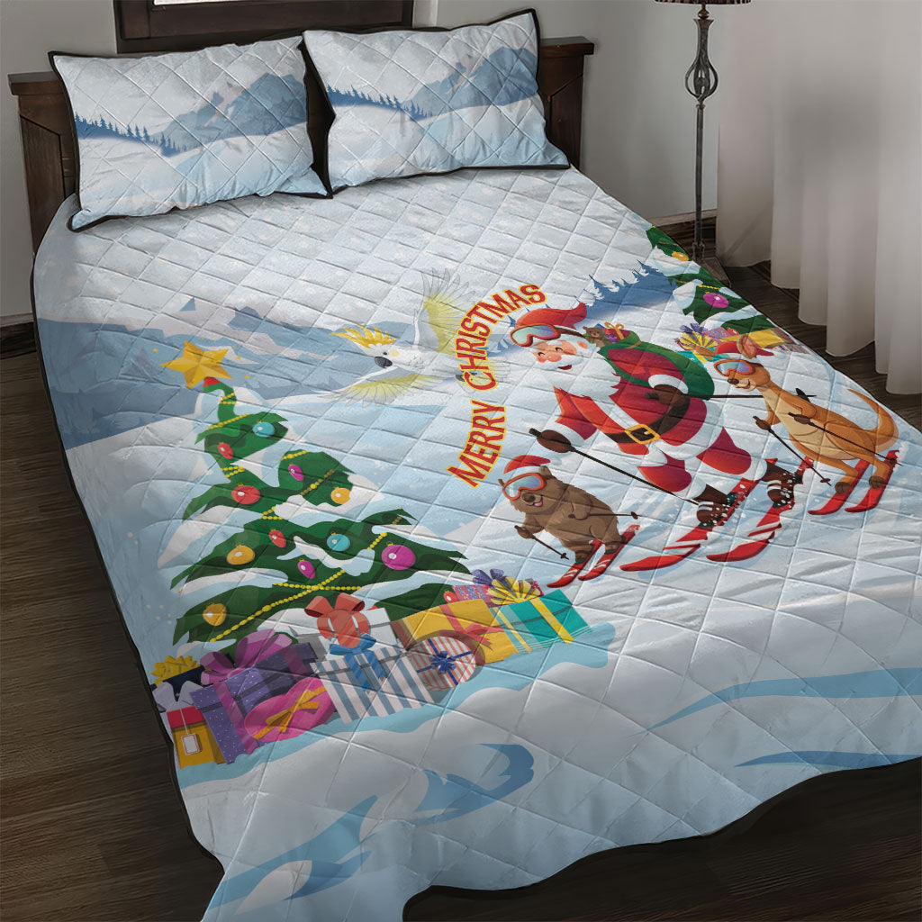 Merry Christmas Australia Quilt Bed Set Funny Aussie Animals Santa Skiing