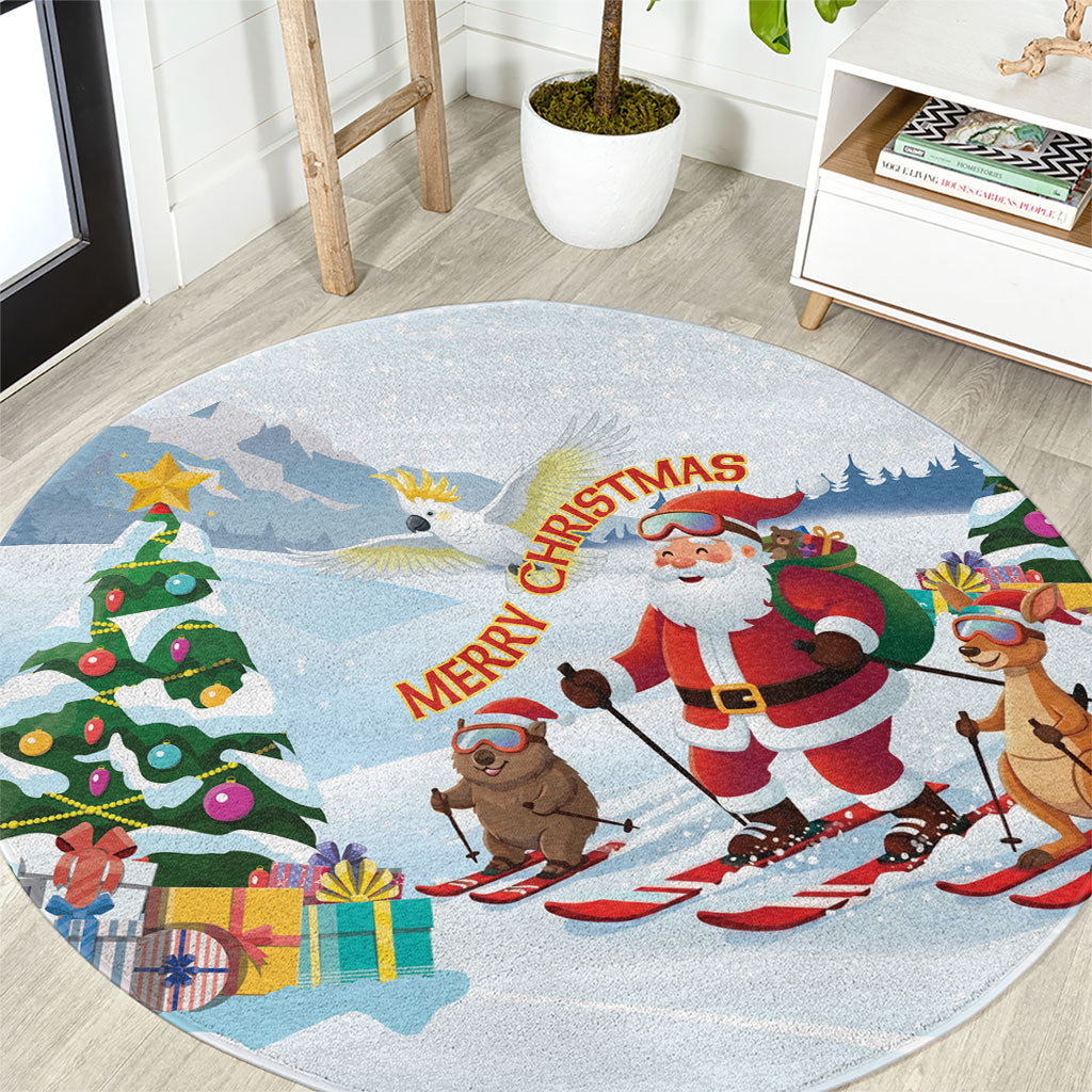 Merry Christmas Australia Round Carpet Funny Aussie Animals Santa Skiing