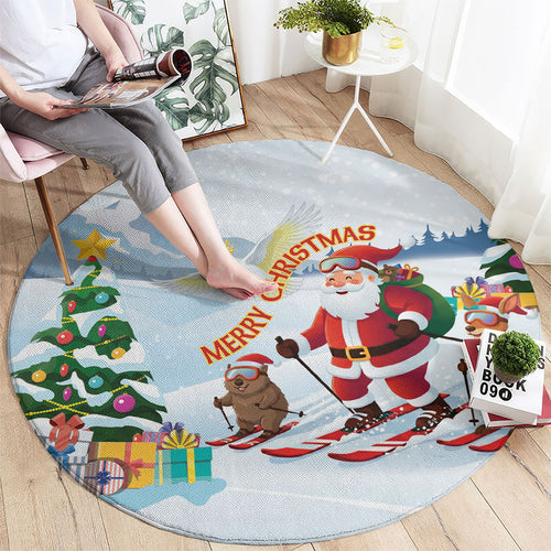 Merry Christmas Australia Round Carpet Funny Aussie Animals Santa Skiing
