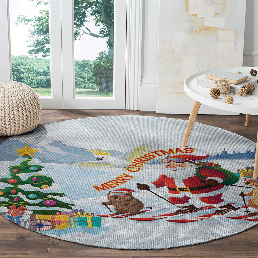 Merry Christmas Australia Round Carpet Funny Aussie Animals Santa Skiing