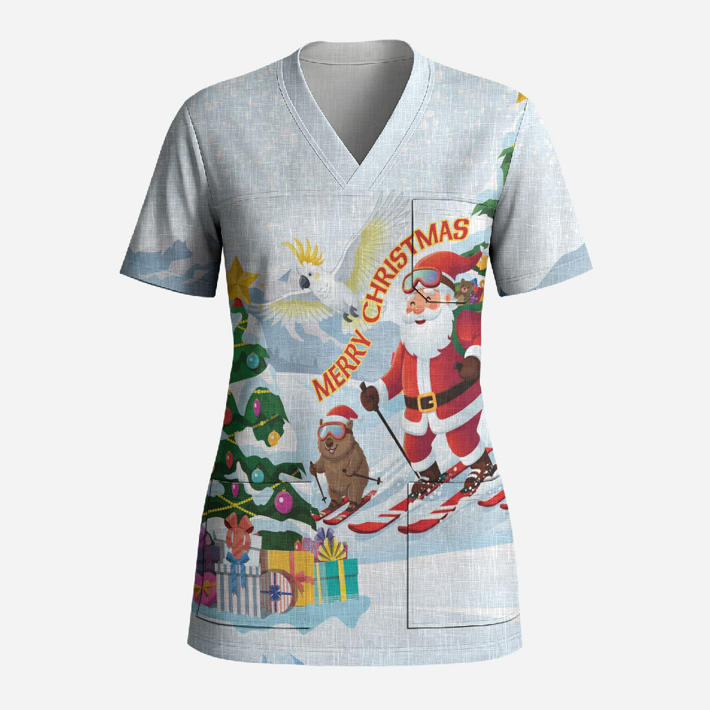 Merry Christmas Australia Scrub Top Funny Aussie Animals Santa Skiing