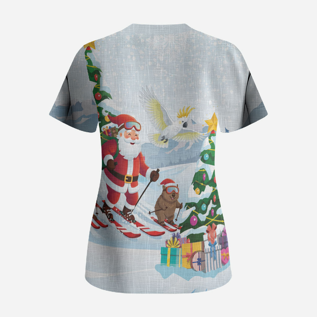 Merry Christmas Australia Scrub Top Funny Aussie Animals Santa Skiing
