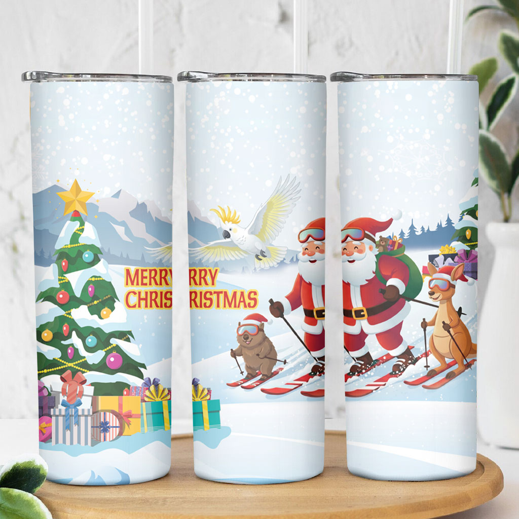 Merry Christmas Australia Skinny Tumbler Funny Aussie Animals Santa Skiing