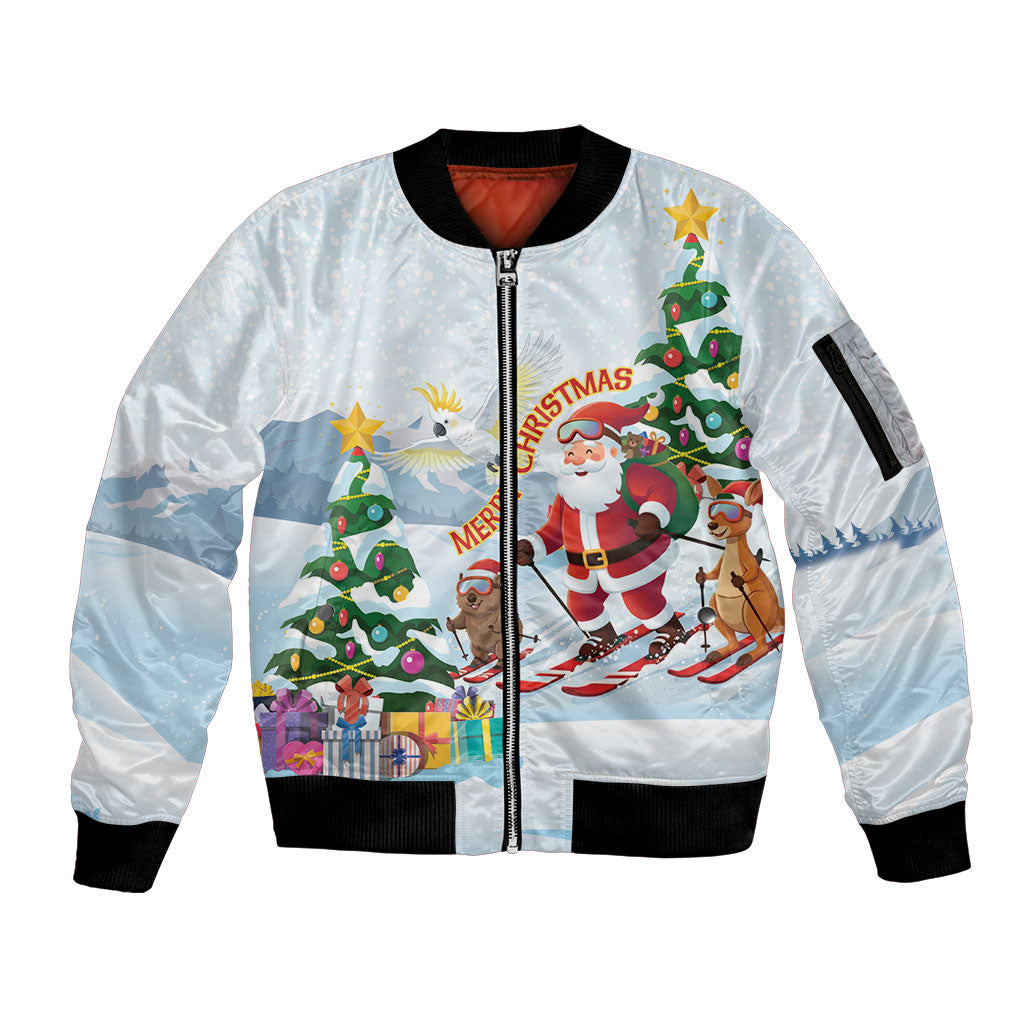 Merry Christmas Australia Sleeve Zip Bomber Jacket Funny Aussie Animals Santa Skiing