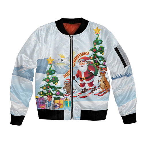 Merry Christmas Australia Sleeve Zip Bomber Jacket Funny Aussie Animals Santa Skiing