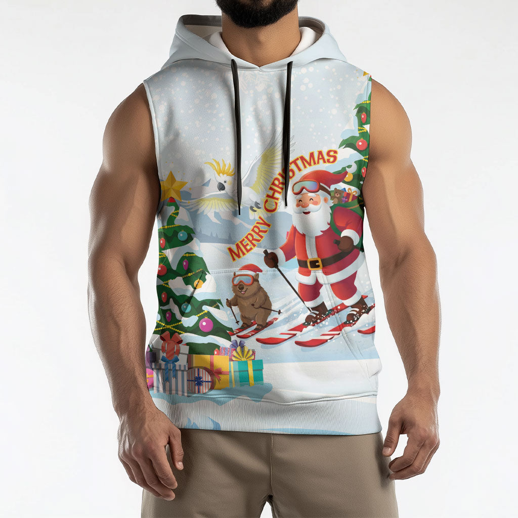 Merry Christmas Australia Sleeveless Hoodie Funny Aussie Animals Santa Skiing