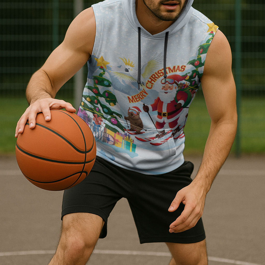 Merry Christmas Australia Sleeveless Hoodie Funny Aussie Animals Santa Skiing