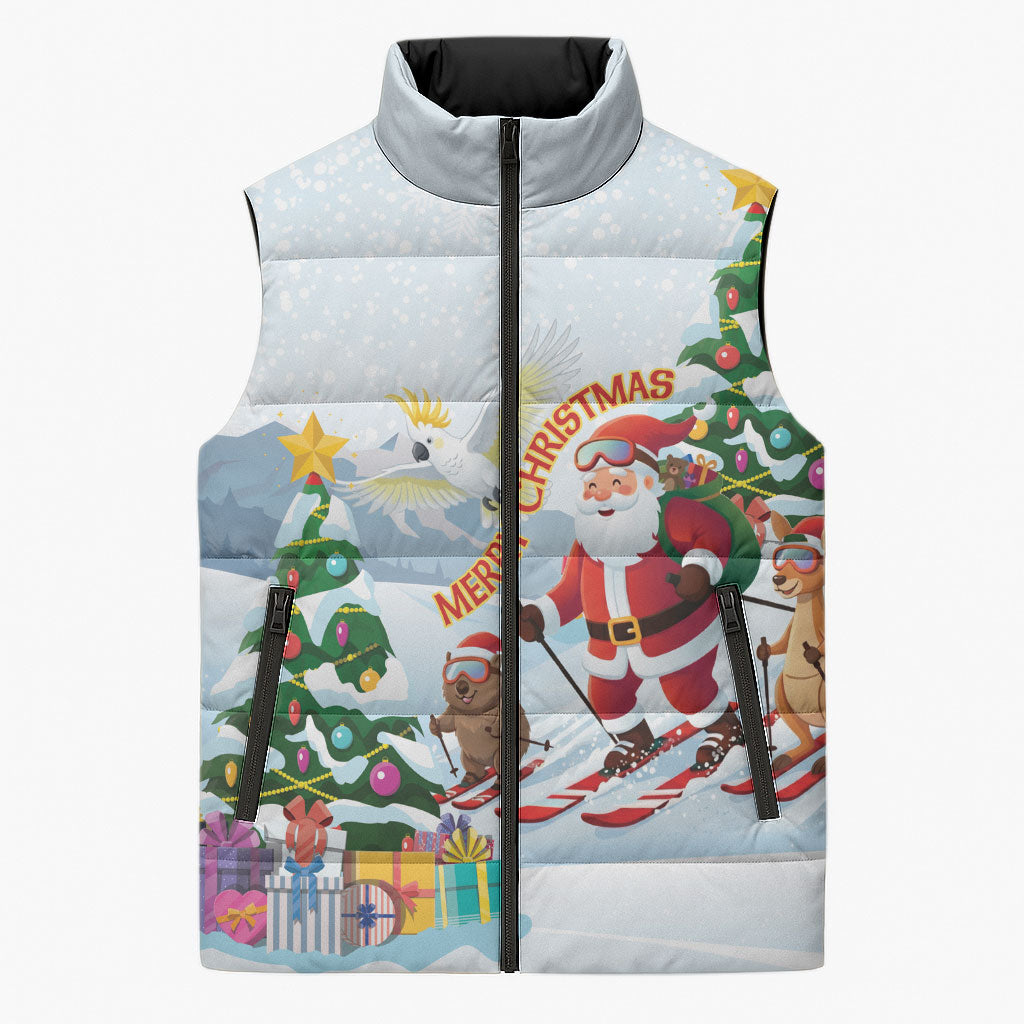 Merry Christmas Australia Sleeveless Puffer Jacket Funny Aussie Animals Santa Skiing