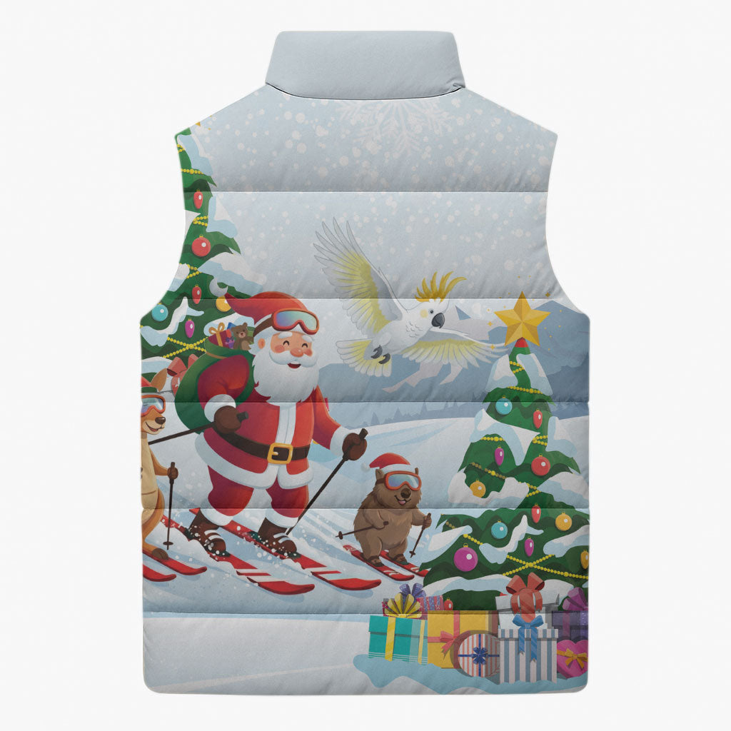 Merry Christmas Australia Sleeveless Puffer Jacket Funny Aussie Animals Santa Skiing