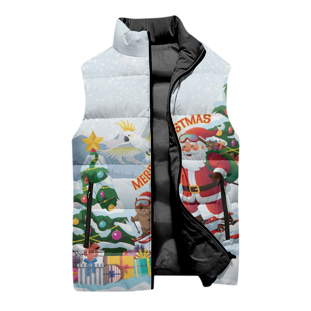 Merry Christmas Australia Sleeveless Puffer Jacket Funny Aussie Animals Santa Skiing
