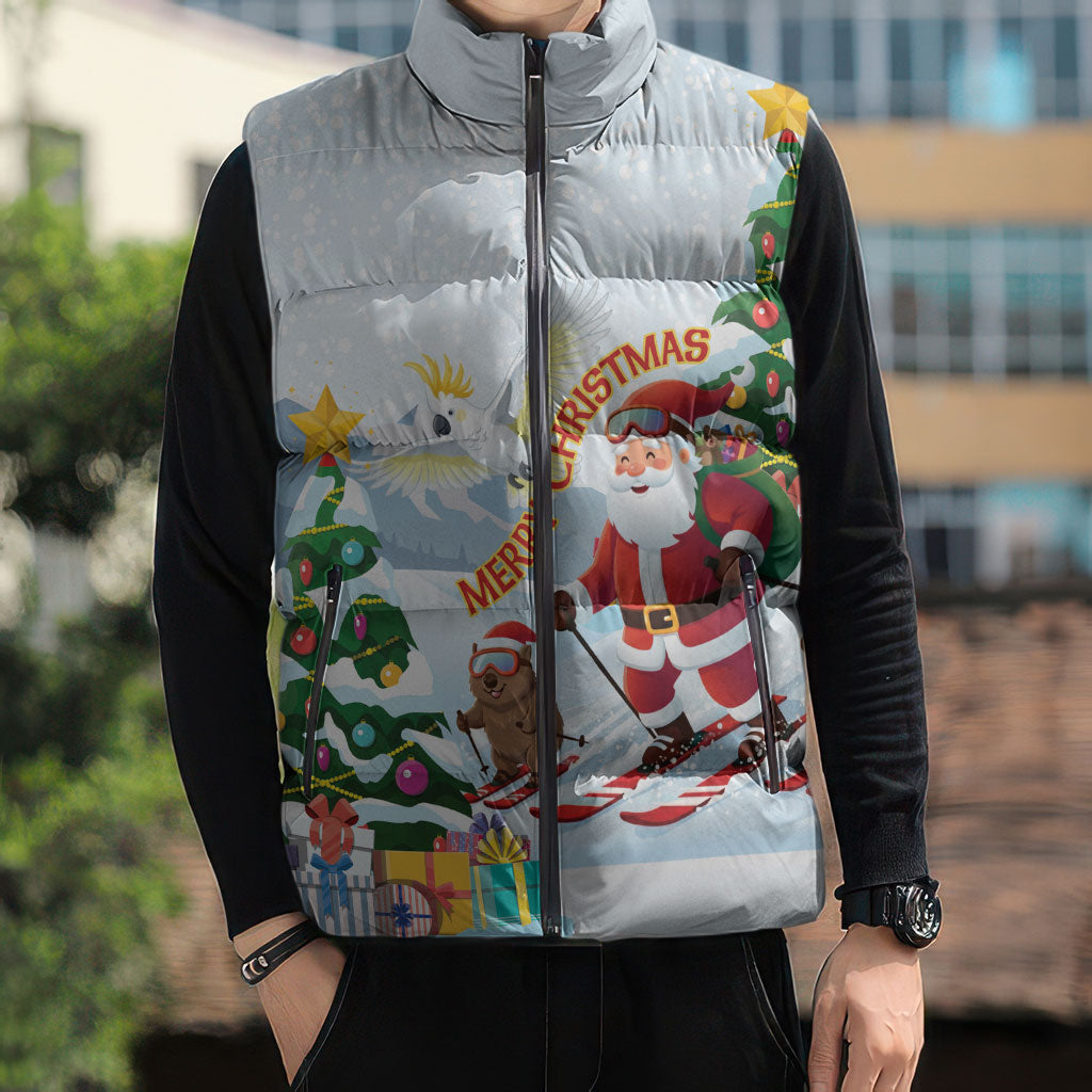Merry Christmas Australia Sleeveless Puffer Jacket Funny Aussie Animals Santa Skiing