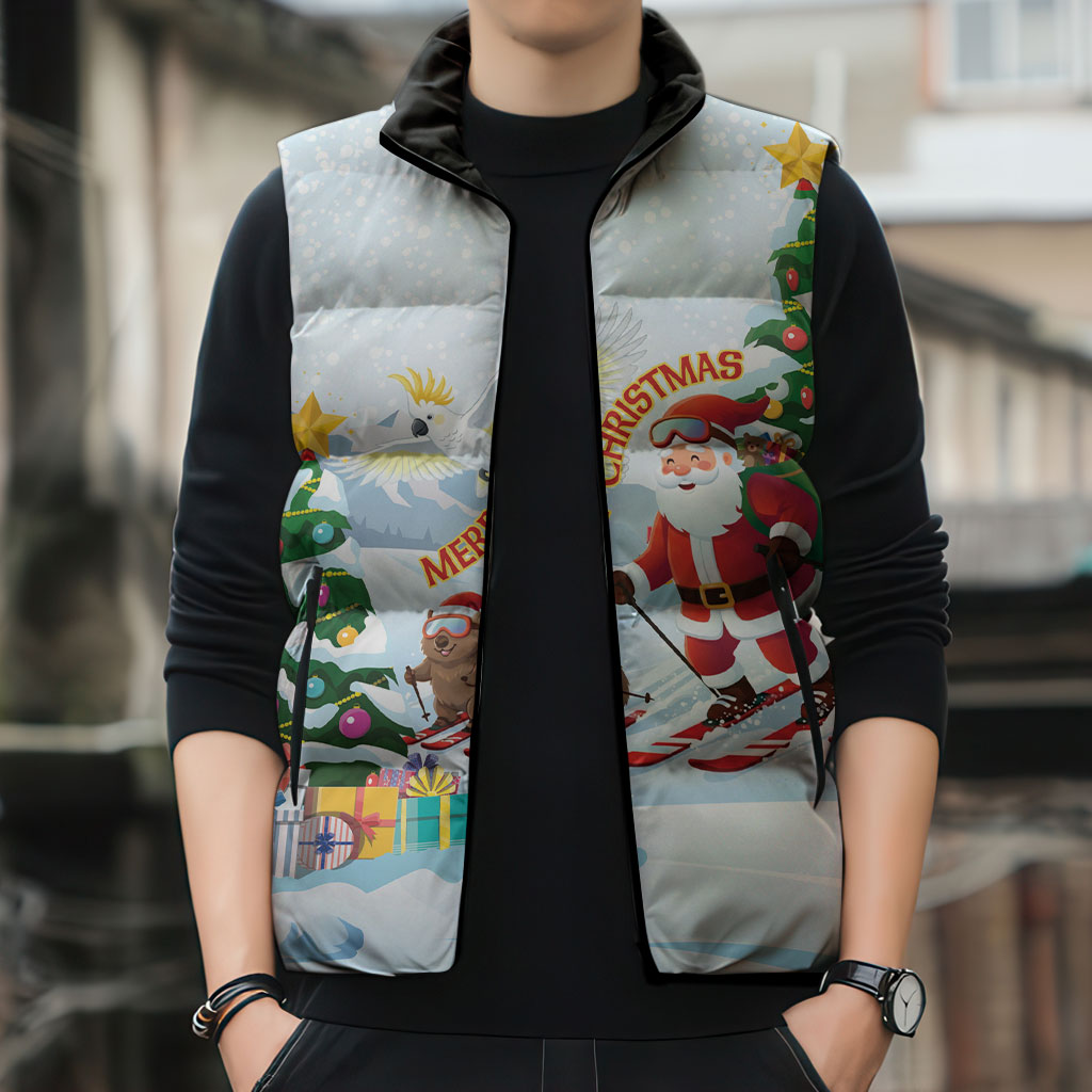 Merry Christmas Australia Sleeveless Puffer Jacket Funny Aussie Animals Santa Skiing