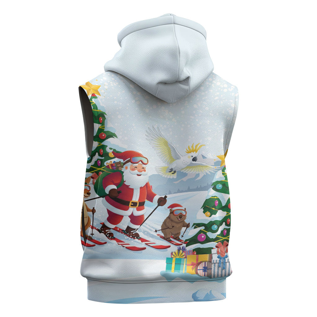 Merry Christmas Australia Sleeveless Zip Hoodie Funny Aussie Animals Santa Skiing