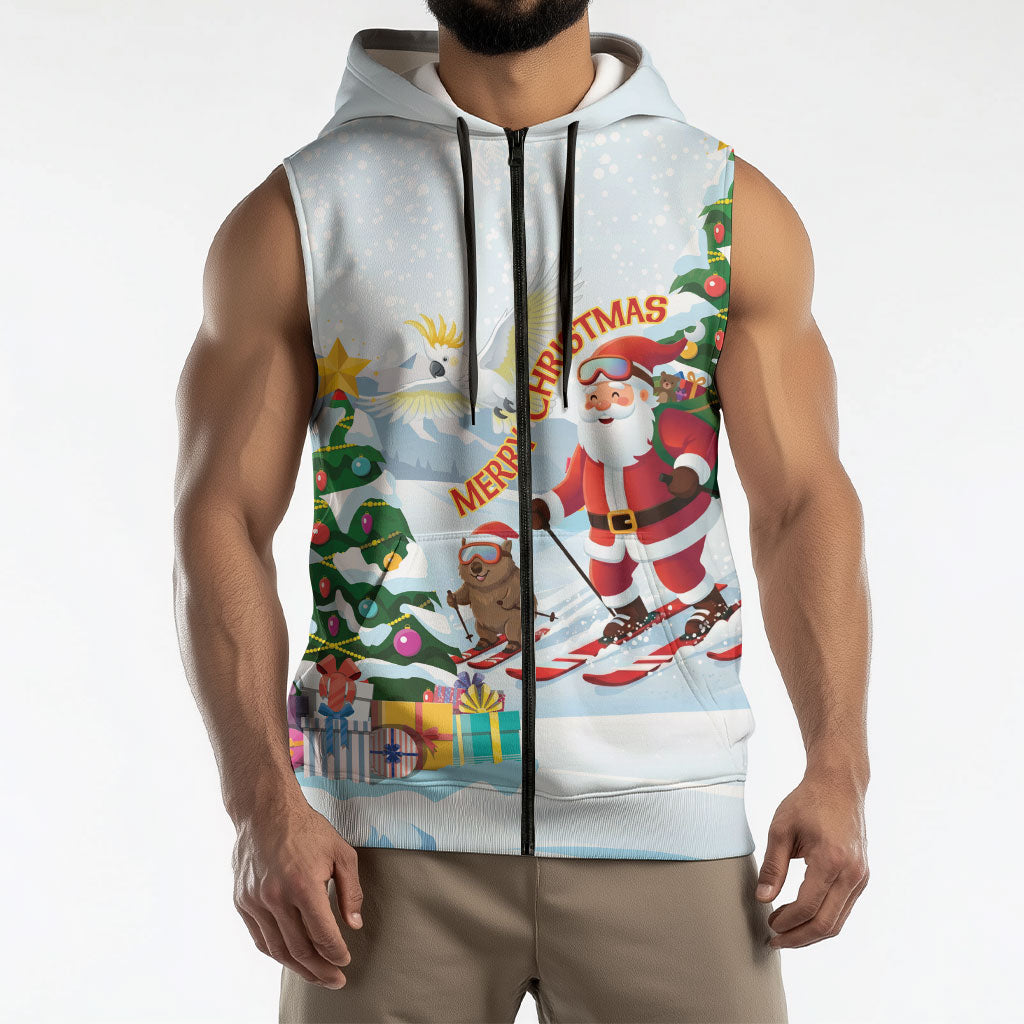 Merry Christmas Australia Sleeveless Zip Hoodie Funny Aussie Animals Santa Skiing
