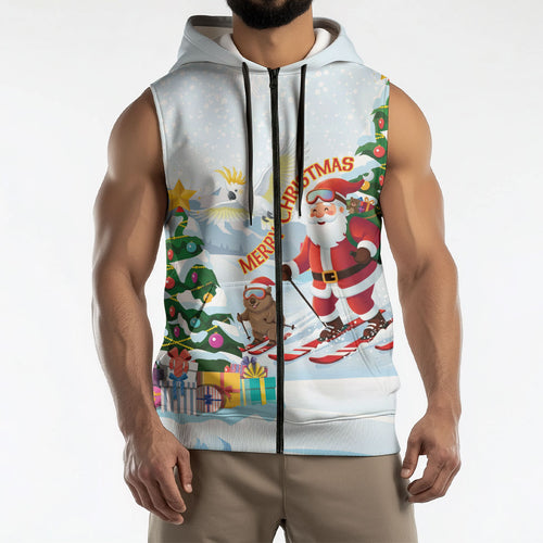 Merry Christmas Australia Sleeveless Zip Hoodie Funny Aussie Animals Santa Skiing