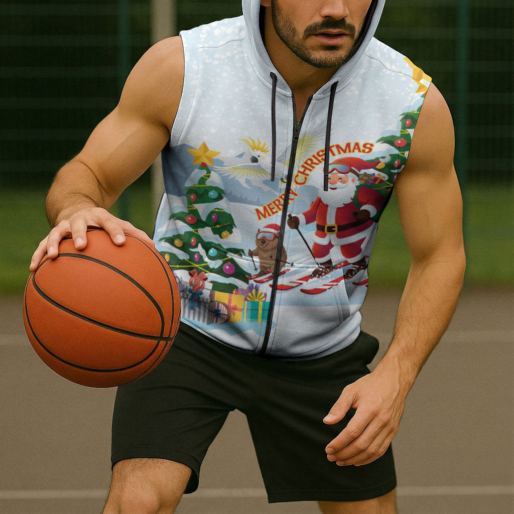 Merry Christmas Australia Sleeveless Zip Hoodie Funny Aussie Animals Santa Skiing