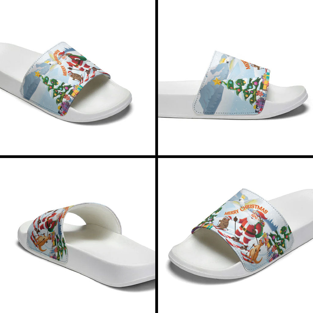 Merry Christmas Australia Slide Sandals Funny Aussie Animals Santa Skiing