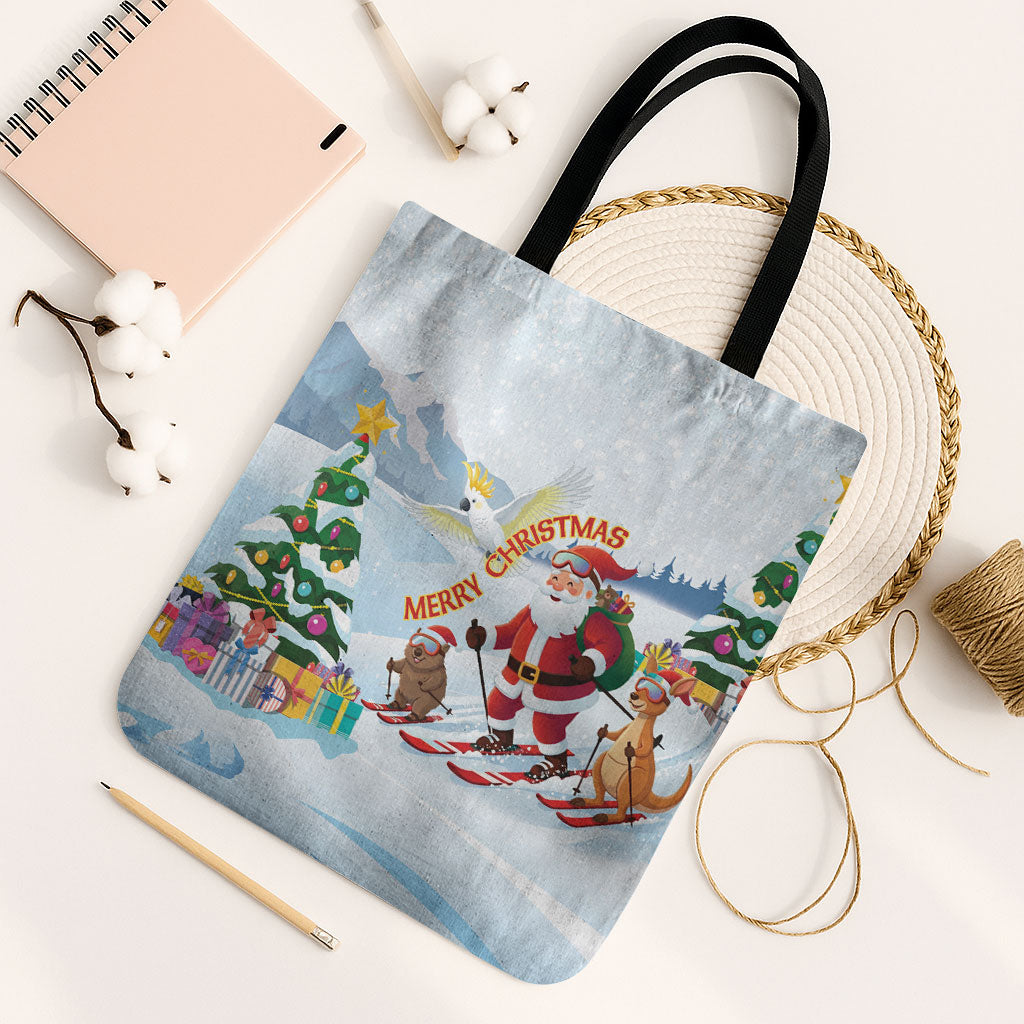 Merry Christmas Australia Tote Bag Funny Aussie Animals Santa Skiing