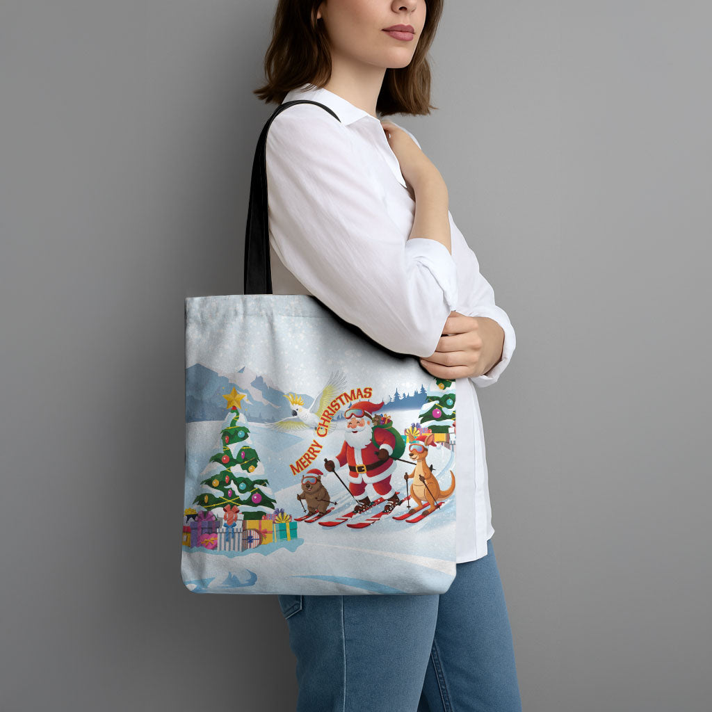 Merry Christmas Australia Tote Bag Funny Aussie Animals Santa Skiing