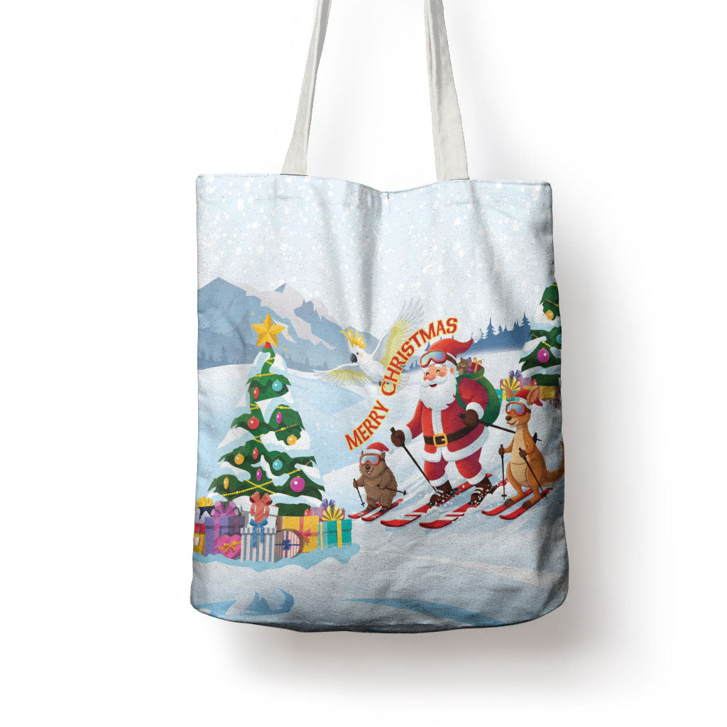 Merry Christmas Australia Tote Bag Funny Aussie Animals Santa Skiing
