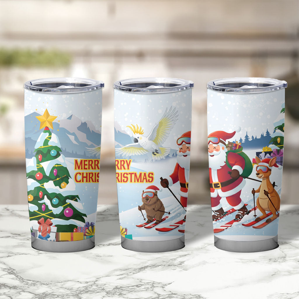 Merry Christmas Australia Tumbler Cup Funny Aussie Animals Santa Skiing