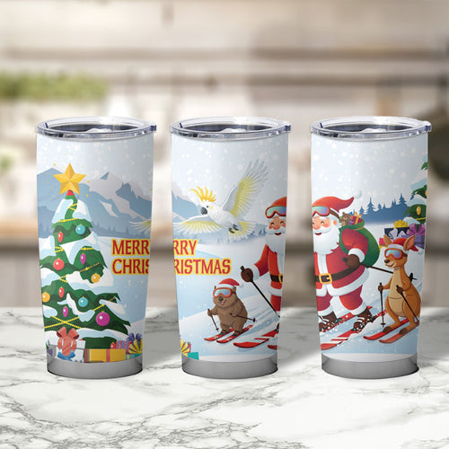 Merry Christmas Australia Tumbler Cup Funny Aussie Animals Santa Skiing